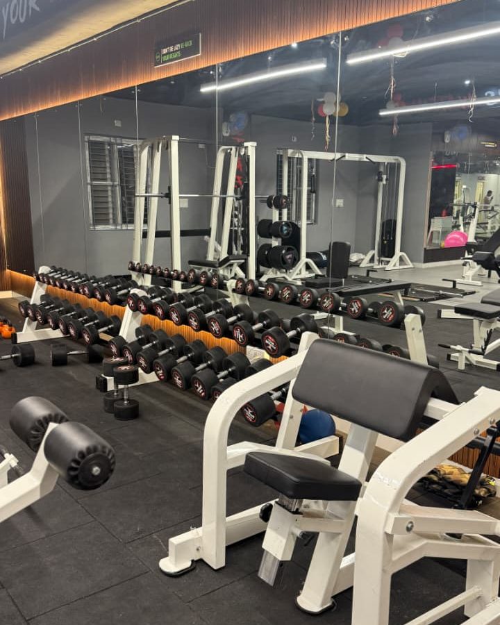 The dumbbell rack and preacher bench along the mirrored wall